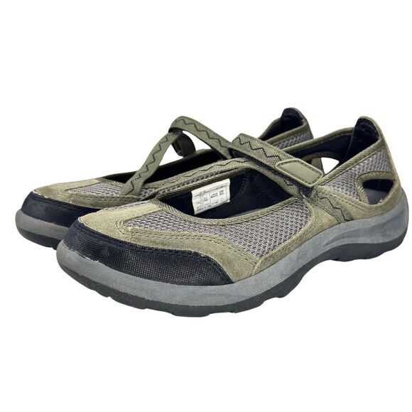 Lands' End Mary Jane Shoe Womens 8D Wide Green Gray Mesh Trekker Leather Hiking - Picture 2 of 12